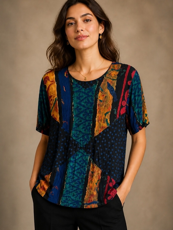 Carole Little Tops - Vintage Carol Little Patterned Short Sleeve Women's Top in Black and Multicolor